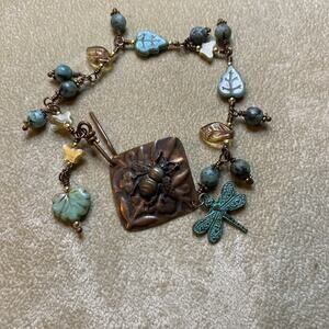 Artisan Copper Bee Turquoise Czech Glass Pearlized Beads Link Bracelet Dragonfly